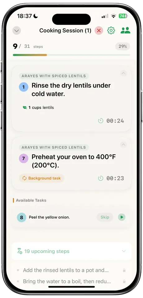 A guided cooking session: steps checked off together, in real time