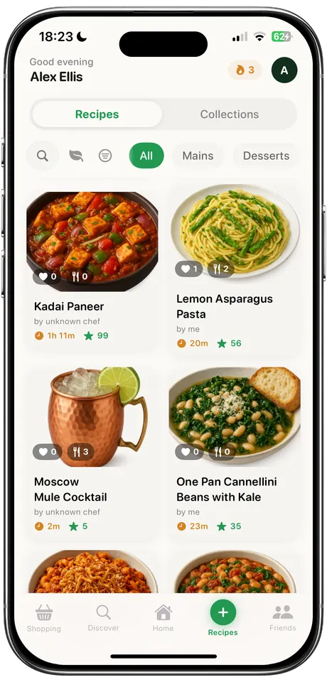 The recipe collection: saved dishes with photos, cook times and ratings